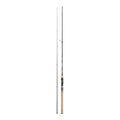A black fishing rod with a cork-wrapped handle and silver metal accents, shown in a split view against a white background.