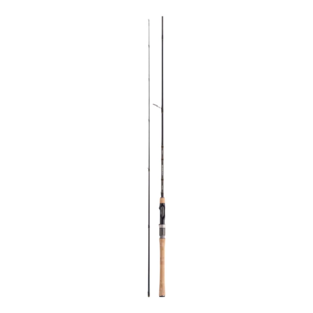 A black fishing rod with a cork-wrapped handle and silver metal accents, shown in a split view against a white background.