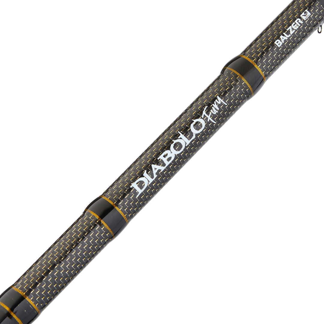 Close-up of a carbon-fiber fishing rod section with black bands, gold trim, and white branding text reading 'DIABOLO' and 'BALZER'.