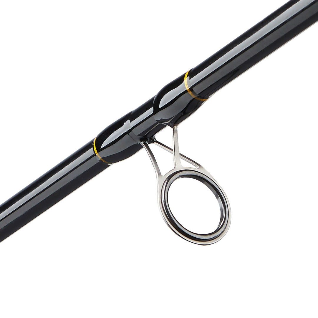Close-up of a black fishing rod blank with a silver metal line guide and small yellow accent rings, shown on a plain white background.