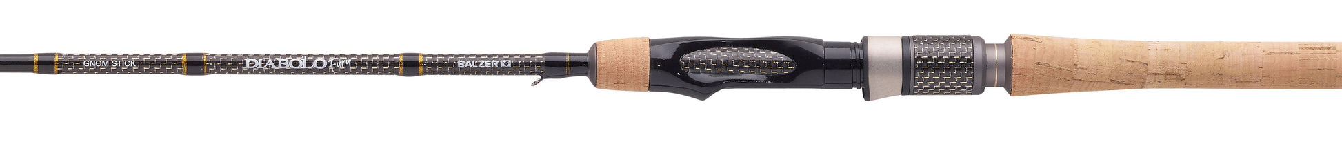 A close-up of a fishing rod showing the black and gray carbon fiber shaft, the cork and black handle, and the cork-wrapped grip section.