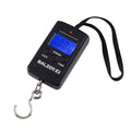 A black digital hanging scale with a blue LCD screen, silver hook, and black wrist strap, shown on a plain white background.