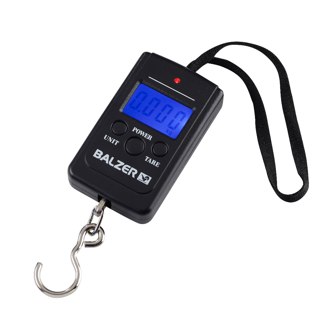 A black digital hanging scale with a blue LCD screen, silver hook, and black wrist strap, shown on a plain white background.