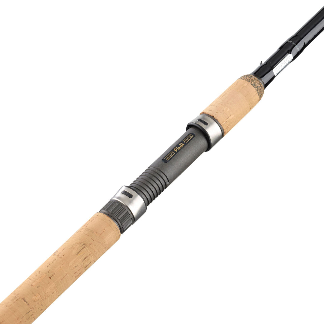 Fishing rod with beige handle and black grip on a white background