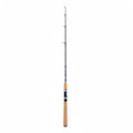 A black and silver graphite fishing rod with a tan cork handle, shown vertically against a white background.