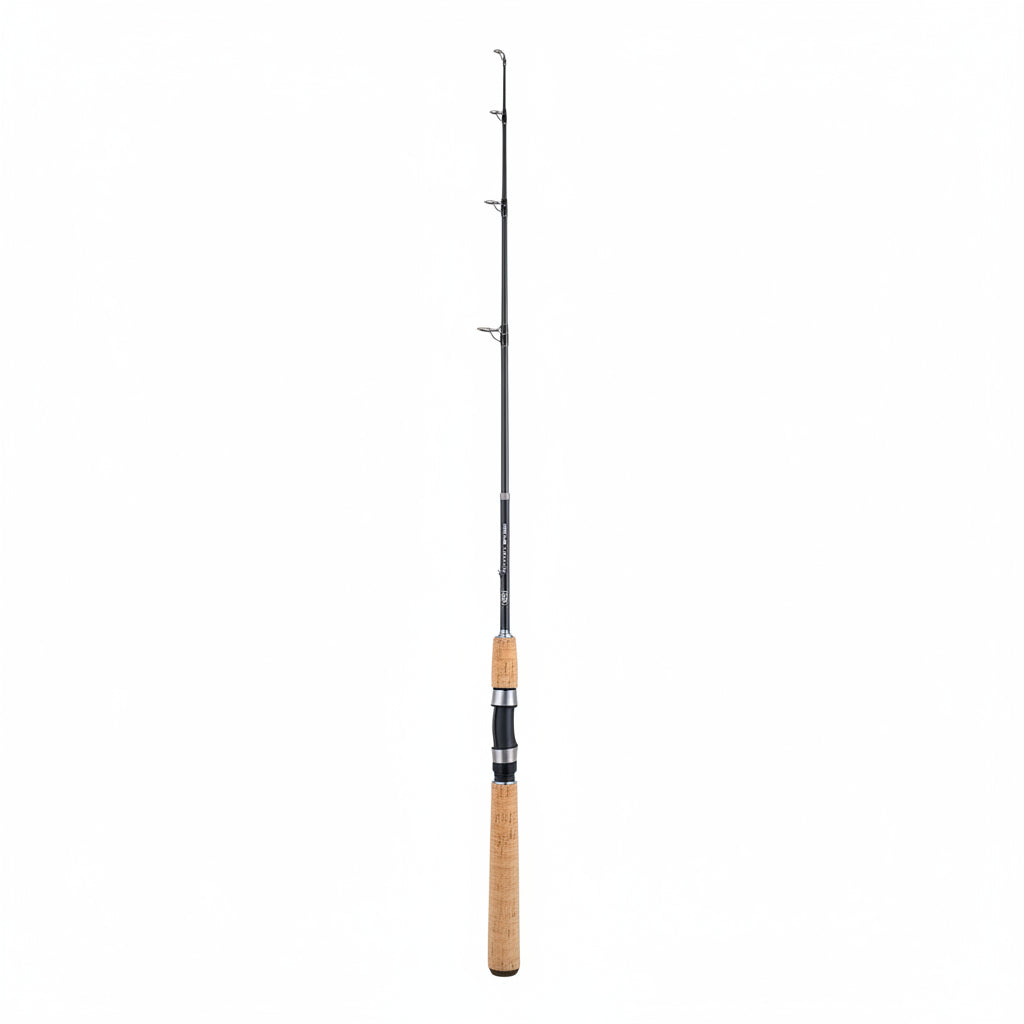 A black and silver graphite fishing rod with a tan cork handle, shown vertically against a white background.