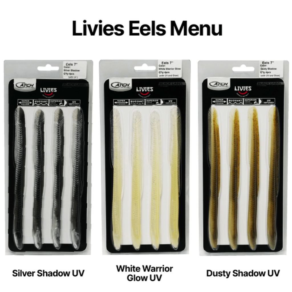 Three packages of Livies Eels Menu with different color options on a white background.