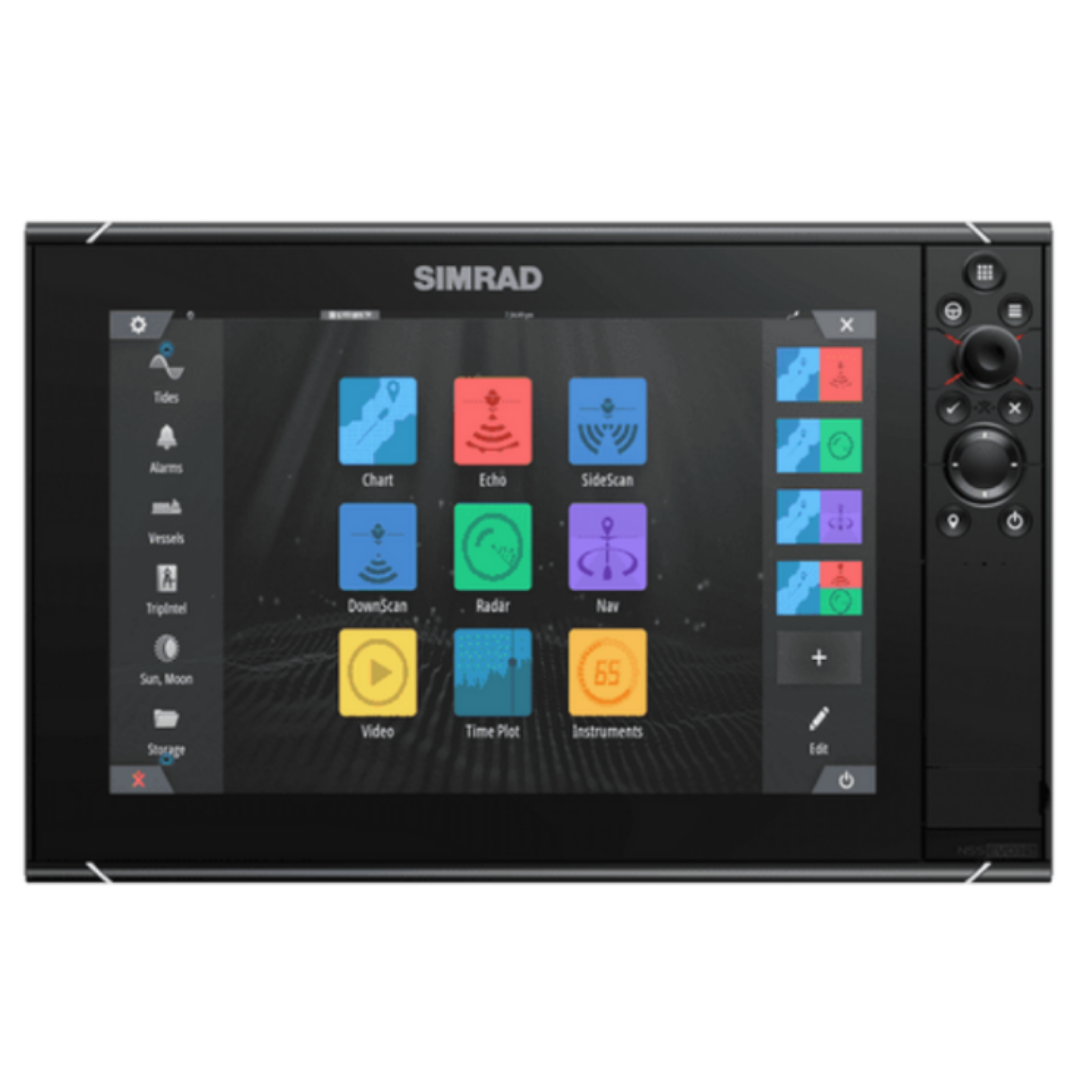 Simrad NSS evo3S marine display with a touchscreen interface and a full keypad, showcasing features such as radar and sonar imaging.