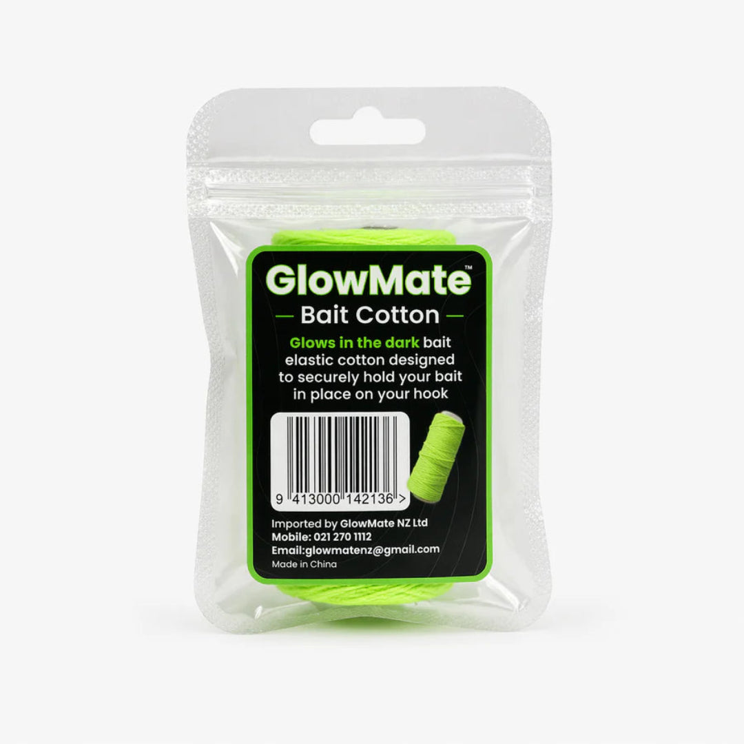 GlowMate UV glow-in-the-dark bait cotton wrapped around fishing hook for night fishing, showing glowing bait setup in low light conditions