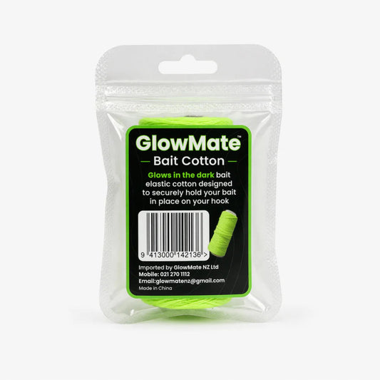 GlowMate UV glow-in-the-dark bait cotton wrapped around fishing hook for night fishing, showing glowing bait setup in low light conditions