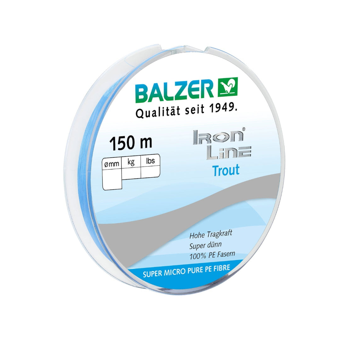 A spool of Balzer Iron Line Trout fishing line, 150 meters, featuring a clear plastic spool with a blue and white label.