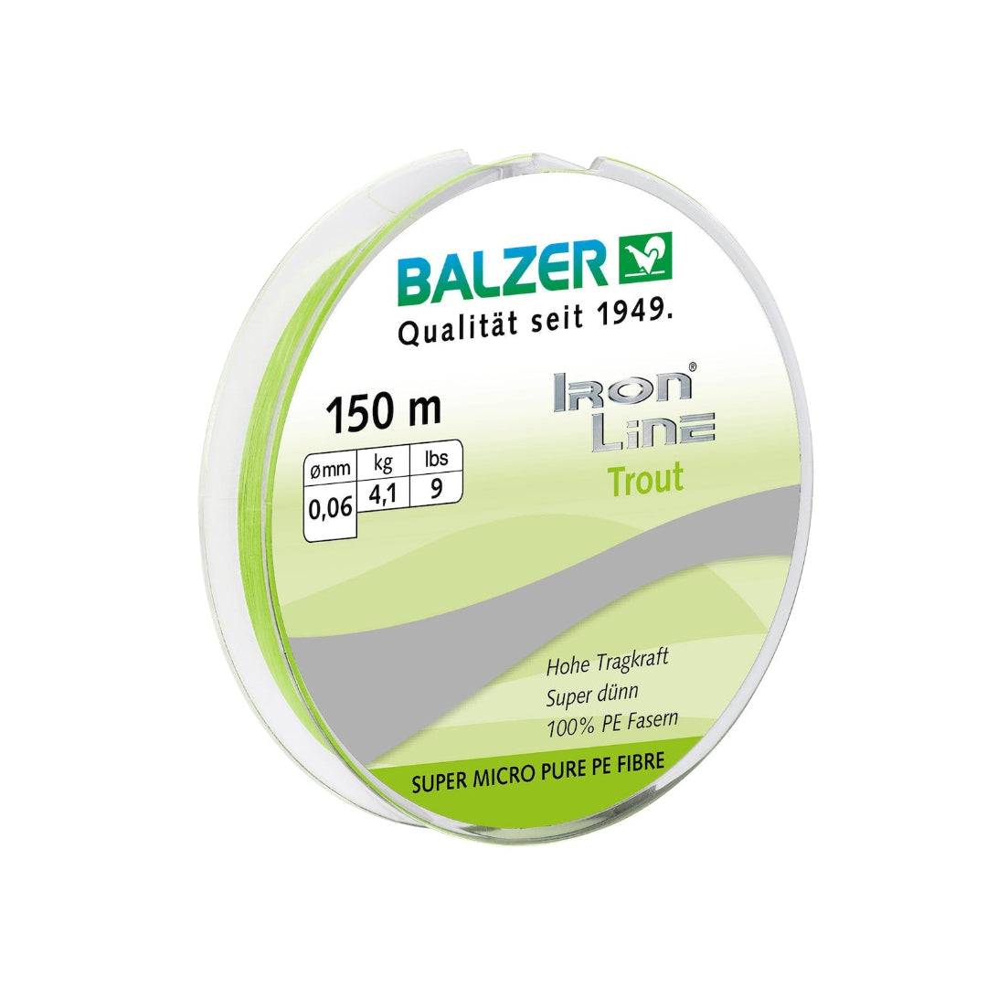 A spool of Balzer Iron Line Trout fishing line, 150 meters, featuring a clear plastic spool with a white and green label.