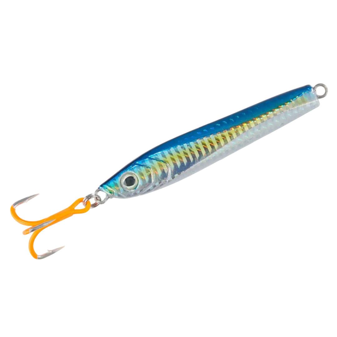 Fishing lure with blue and silver body and orange hook on a white background