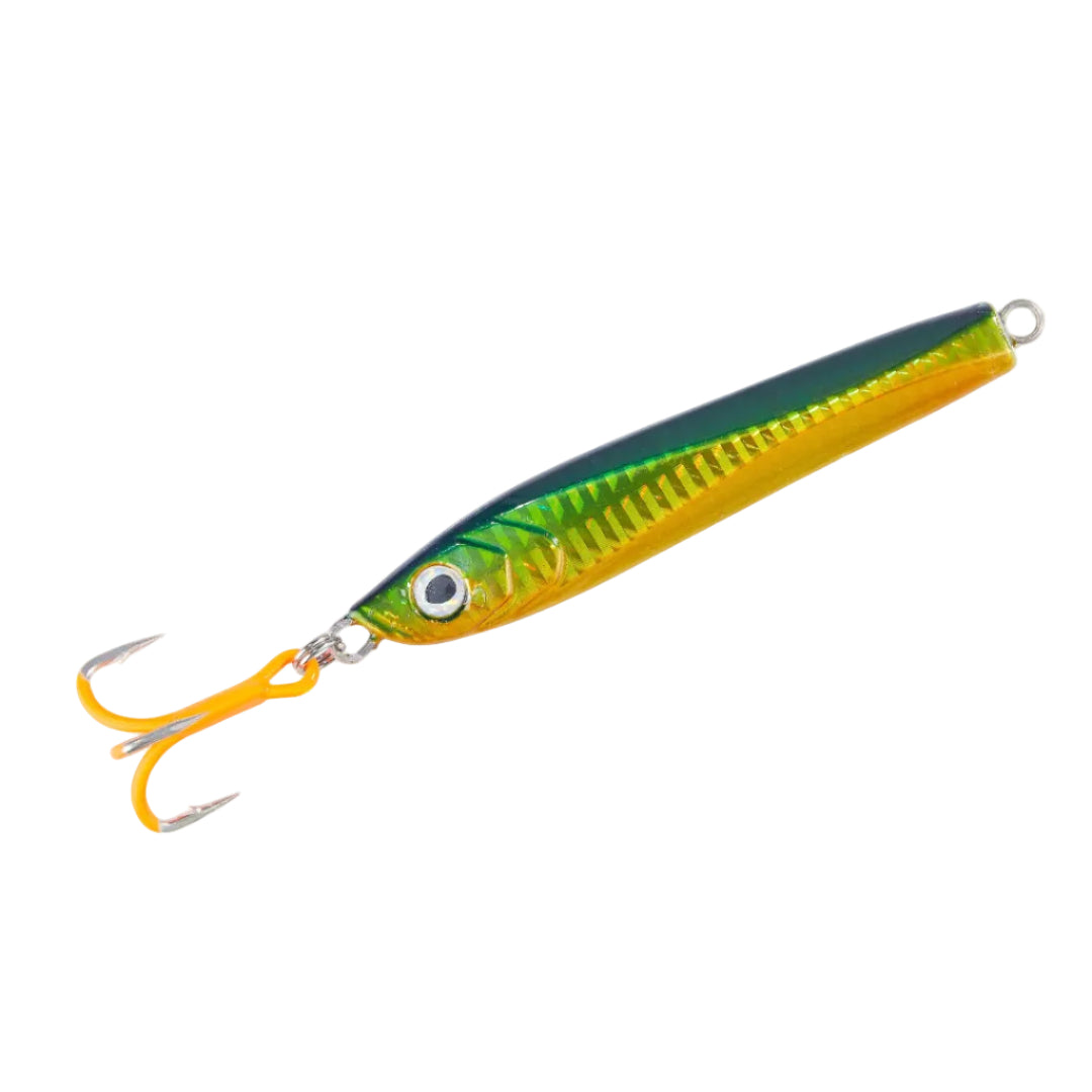 A fishing lure with a metallic green and yellow body, featuring a realistic eye and two orange-tipped treble hooks, shown on a solid white background.