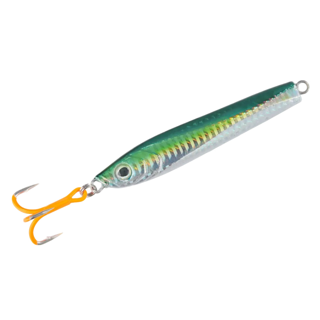 Fishing lure with a green and silver body and orange hook on a white background