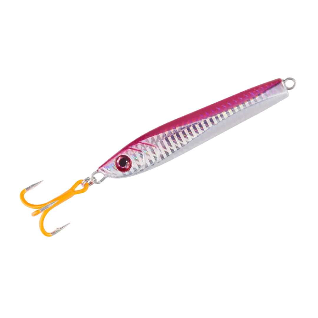 Fishing lure with pink and silver body and orange treble hook on a white background