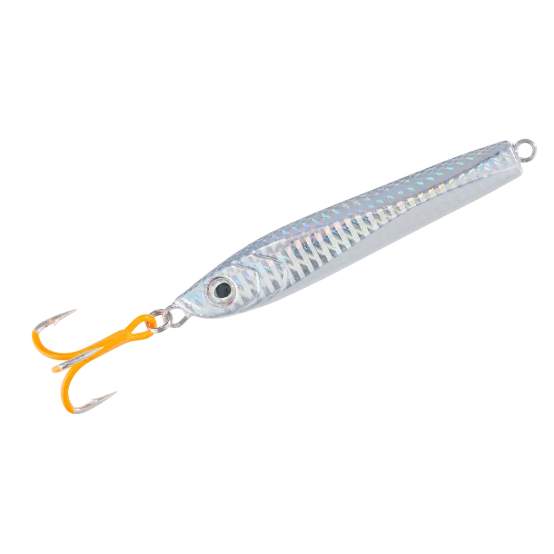 Fishing lure with a silver body and orange hook on a white background