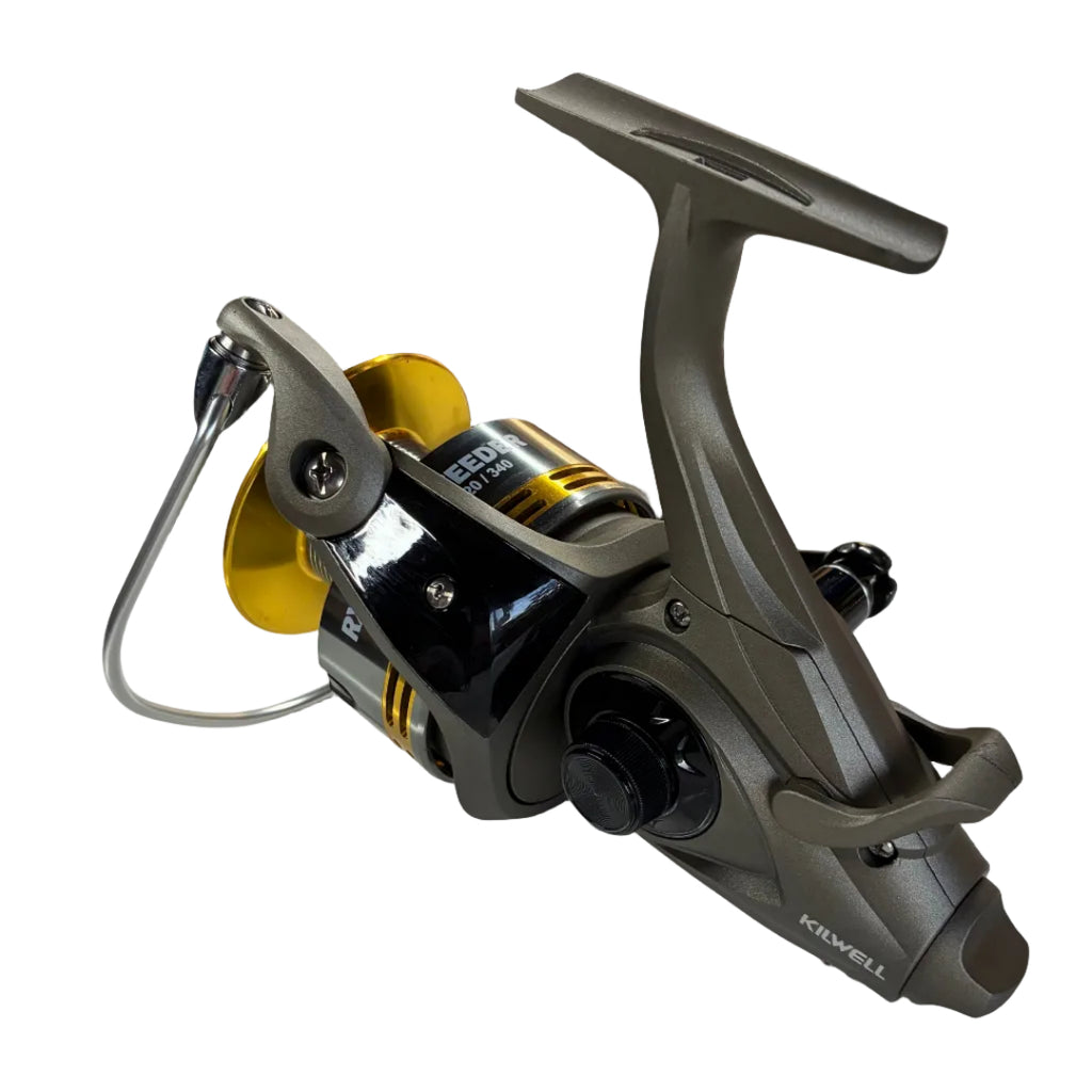 Side view of Kilwell RXB85 baitfeeder fishing reel showing spool and handle