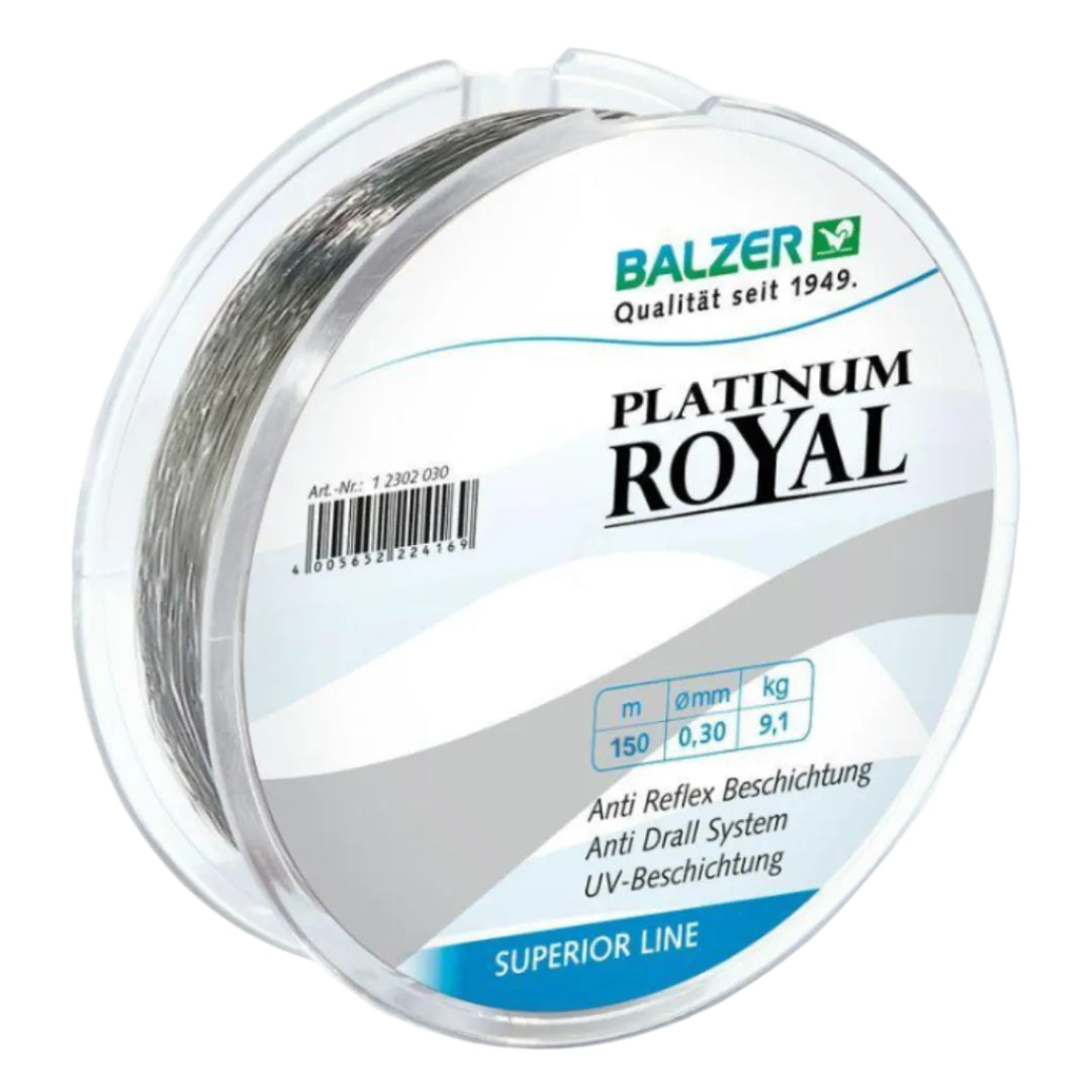 Spool of Balzer Platinum Royal fishing line with label on a white background