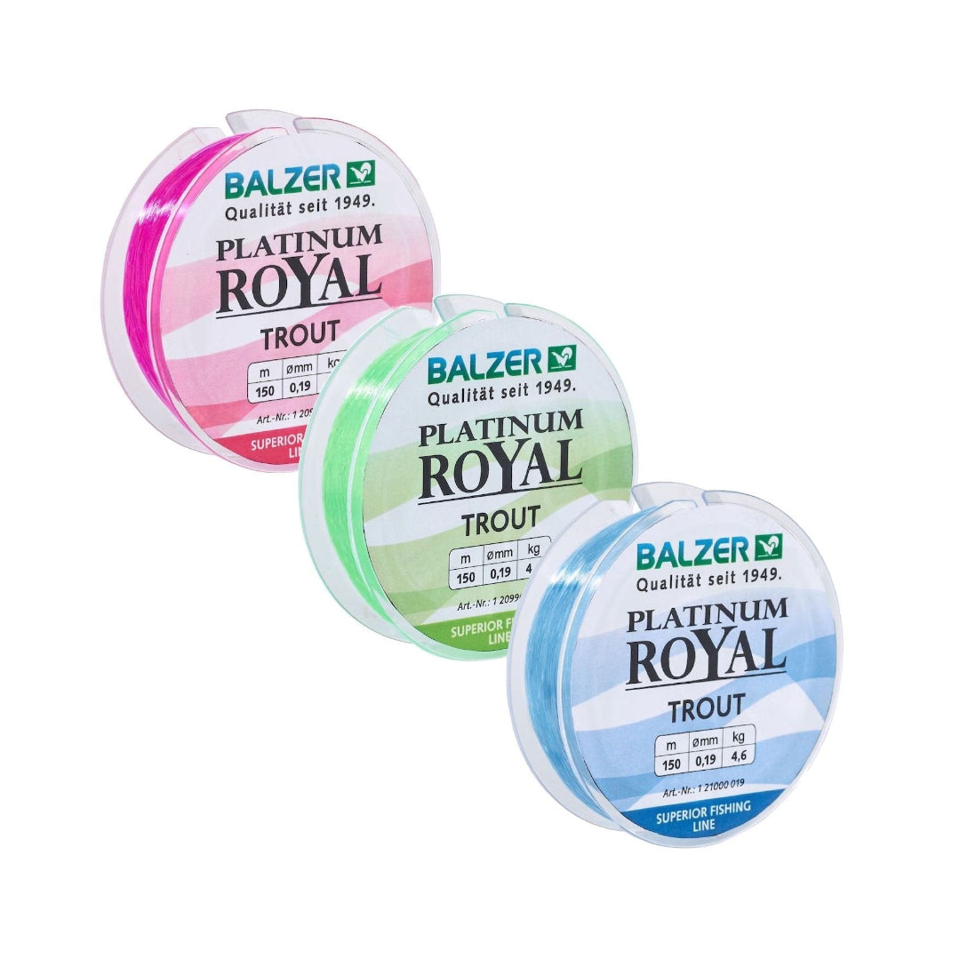 Three spools of Balzer Platinum Royal Trout fishing line in pink, green, and blue, arranged diagonally on a white background.