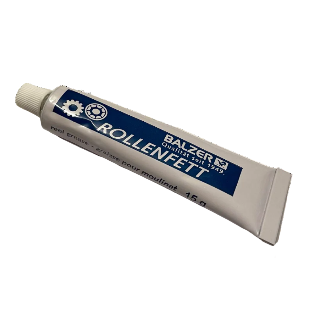 A tube of Balzers Rollefett white grease for gears and bearings, shown diagonally on a plain white background.