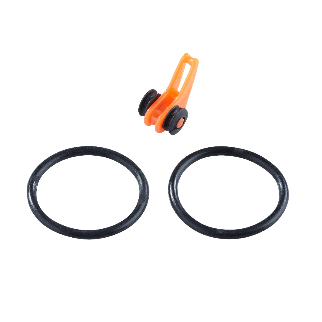 An orange plastic and black rubber bike chain guard clip shown above two black O-rings on a plain white background.