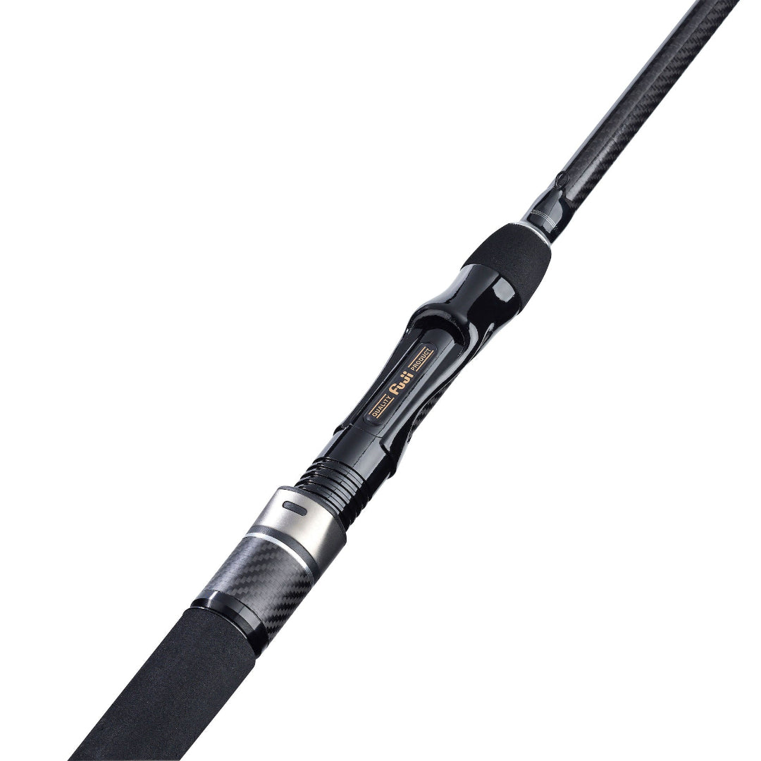 Close-up of a black and silver fishing rod blank with a carbon-fiber textured grip and gold 'R1' branding, isolated on a white background.