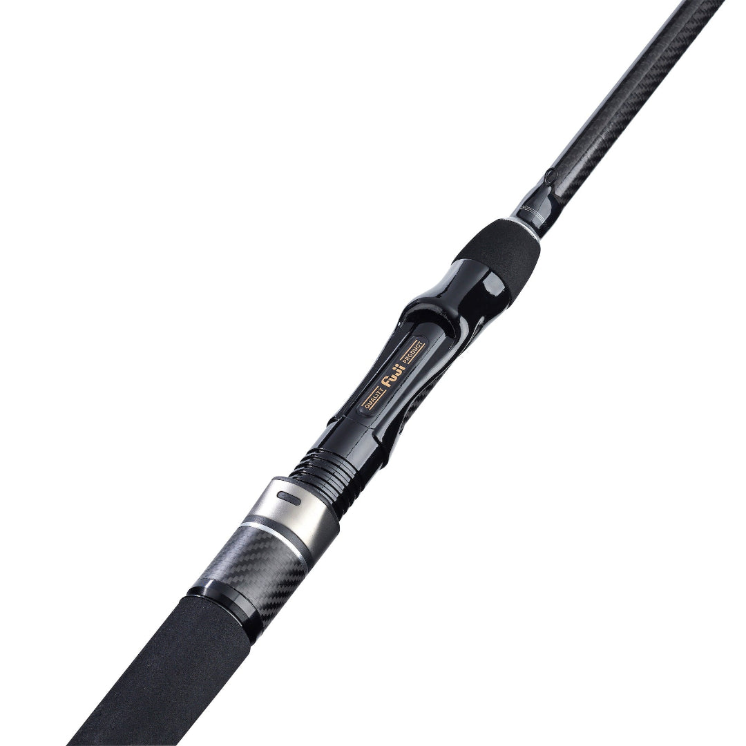 Close-up of a black and silver fishing rod blank with a carbon-fiber textured grip and gold 'R1' branding, isolated on a white background.