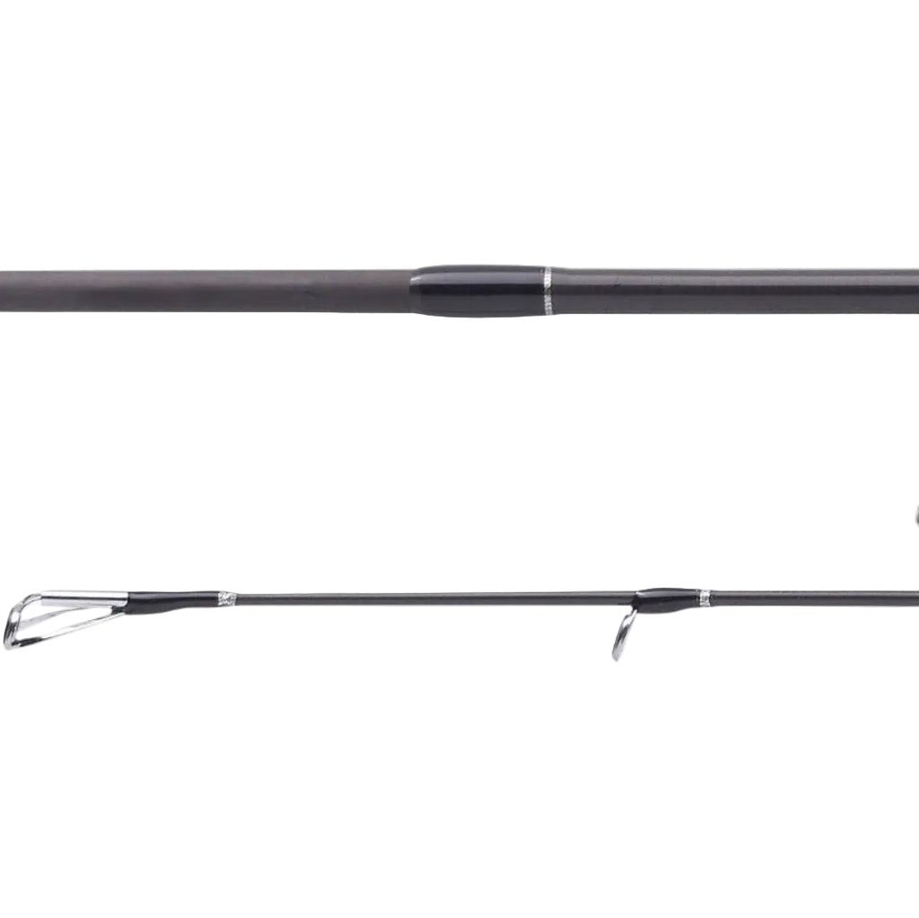 A close-up studio shot of a black fishing rod showing the guide line hardware and reel seat against a plain white background.