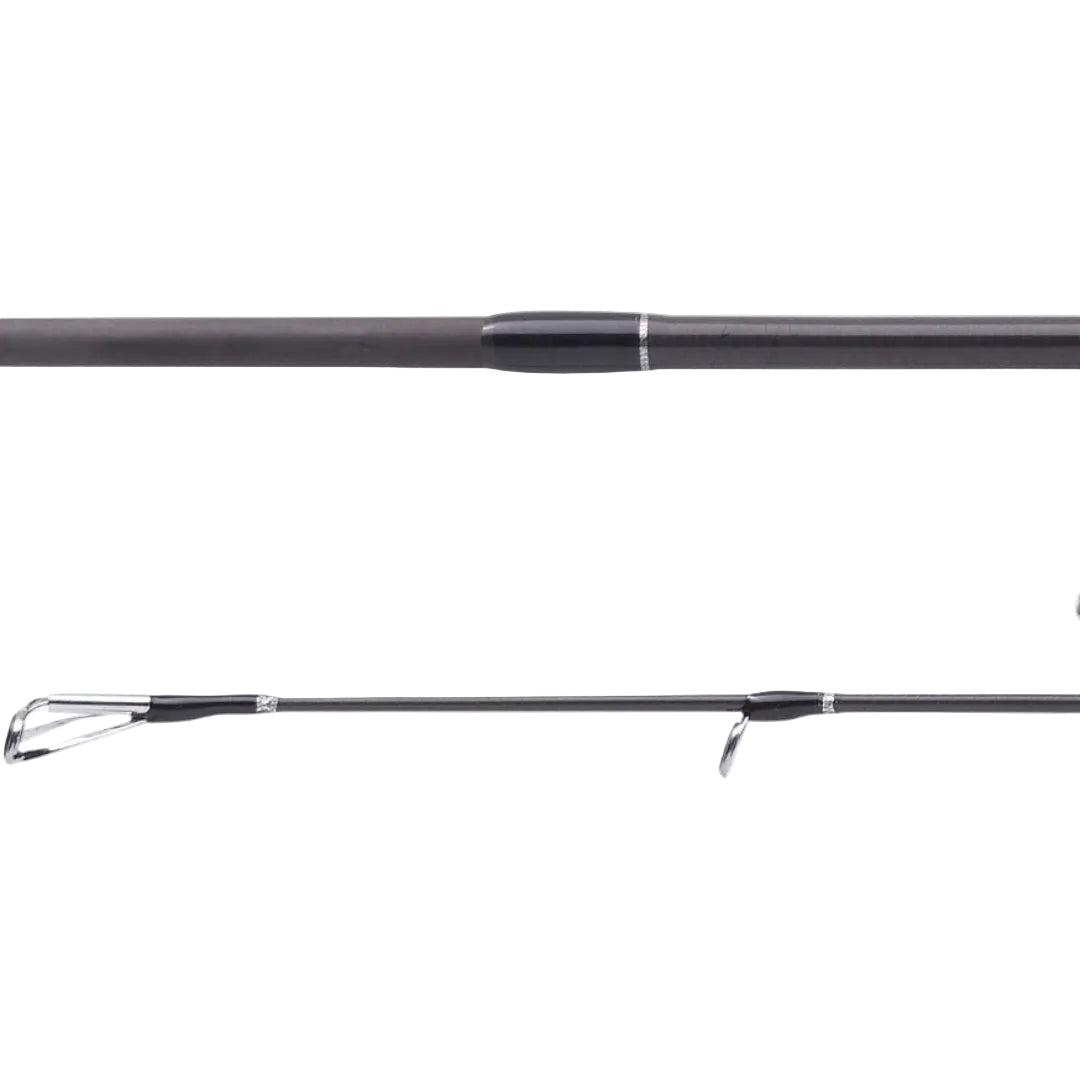 A close-up studio shot of a black fishing rod showing the guide line hardware and reel seat against a plain white background.