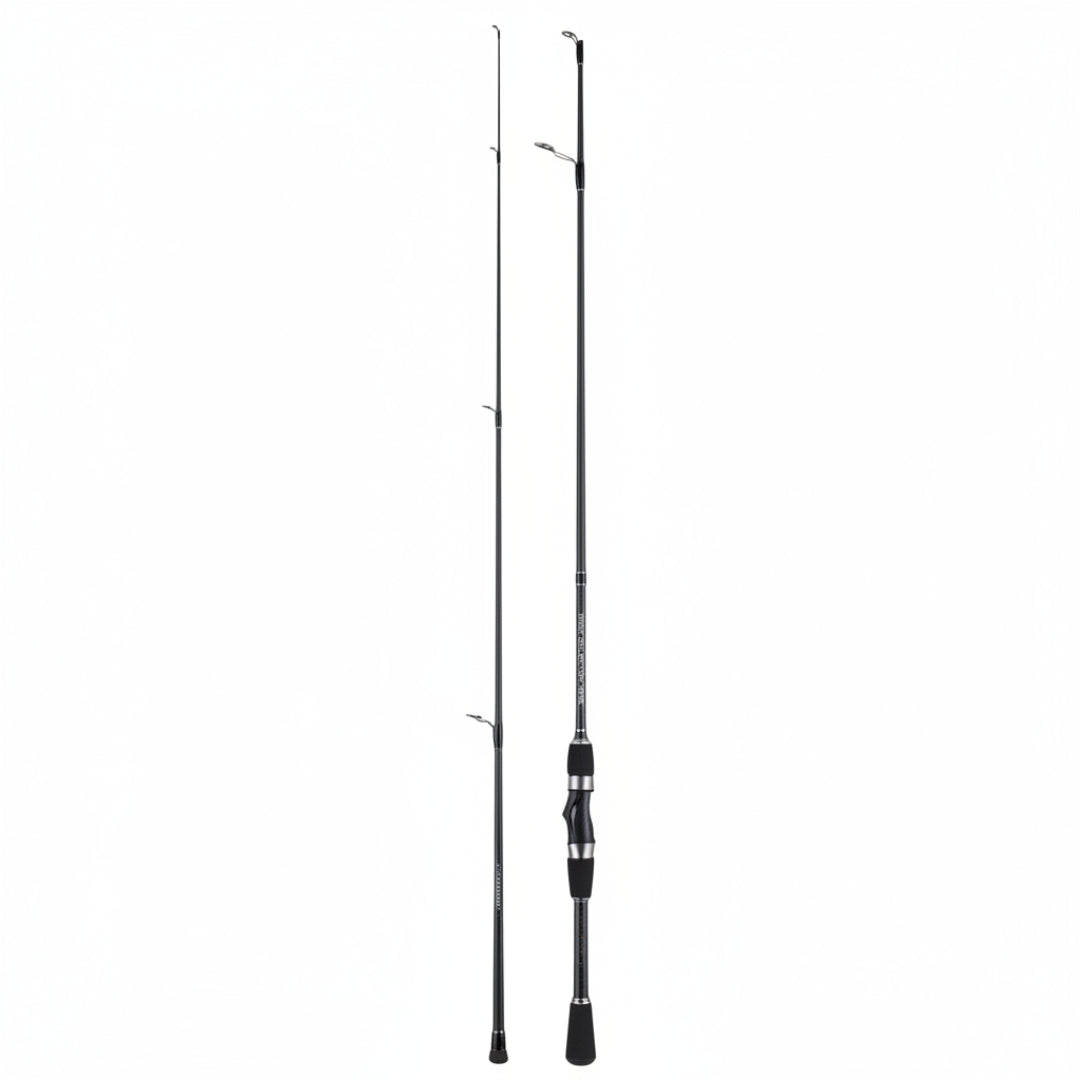 A black and silver fishing rod shown in two views against a plain white background, likely to demonstrate different angles or components of the product.
