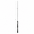 A black and silver fishing rod shown vertically against a plain white background.