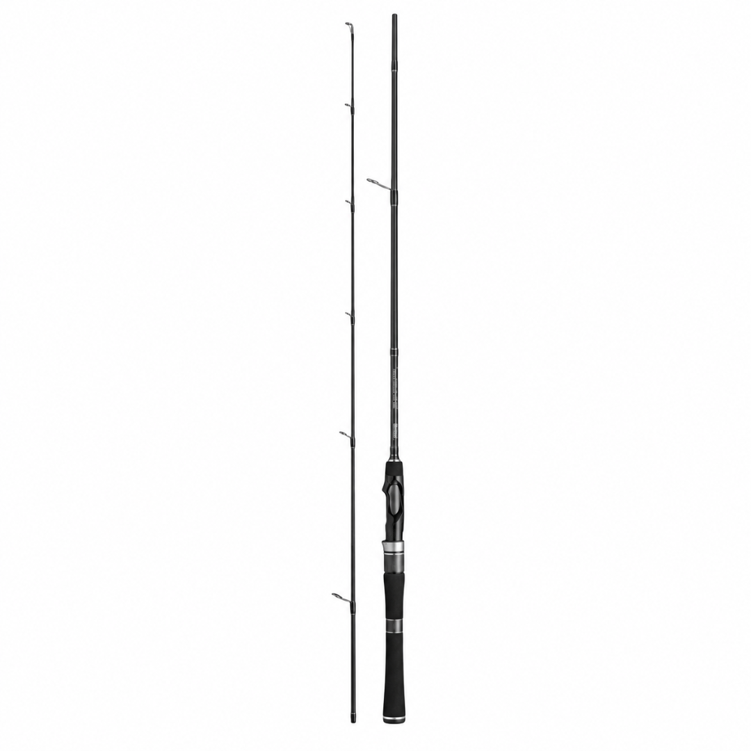 A black and silver fishing rod shown vertically against a plain white background.