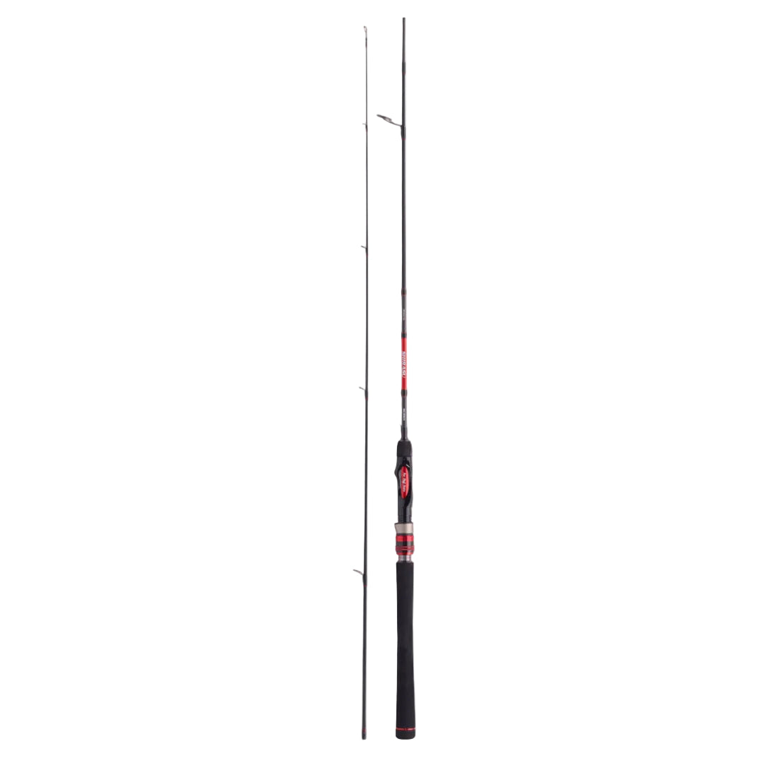 A long, slender black fishing rod with red and white printed graphics and a black textured handle, shown vertically against a plain white background.