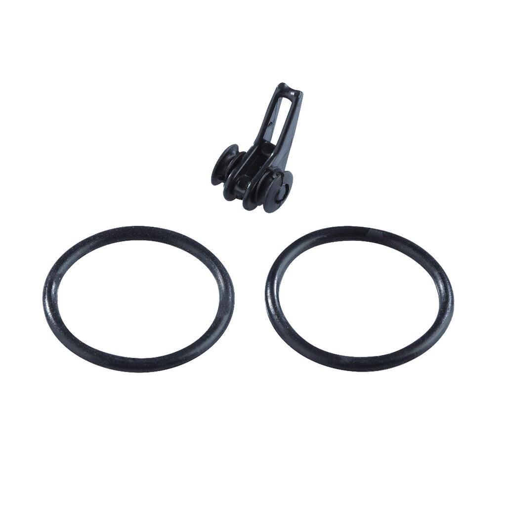 Black rubber O-ring and small black plastic clip or fastener component shown on a plain white background.