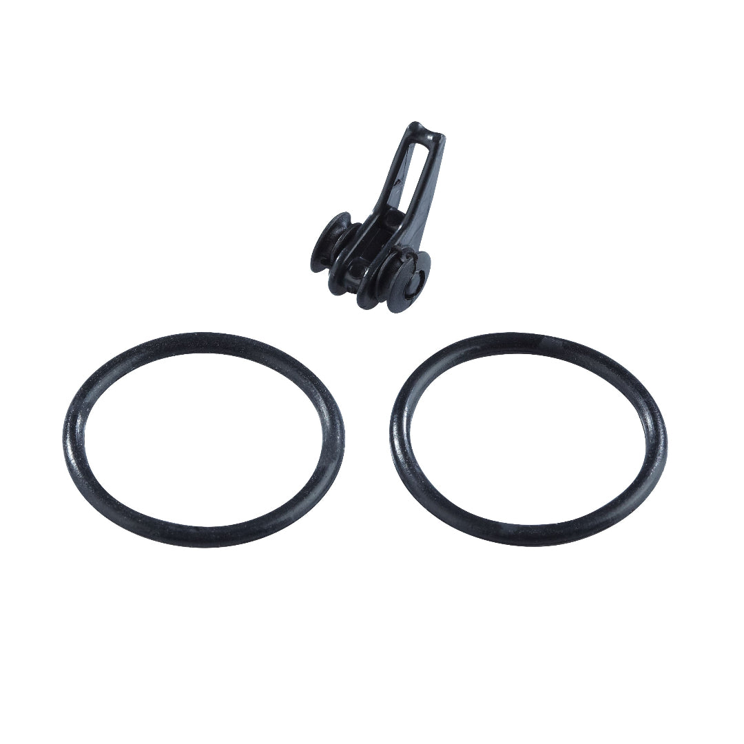 Black rubber O-ring and small black plastic clip or fastener component shown on a plain white background.