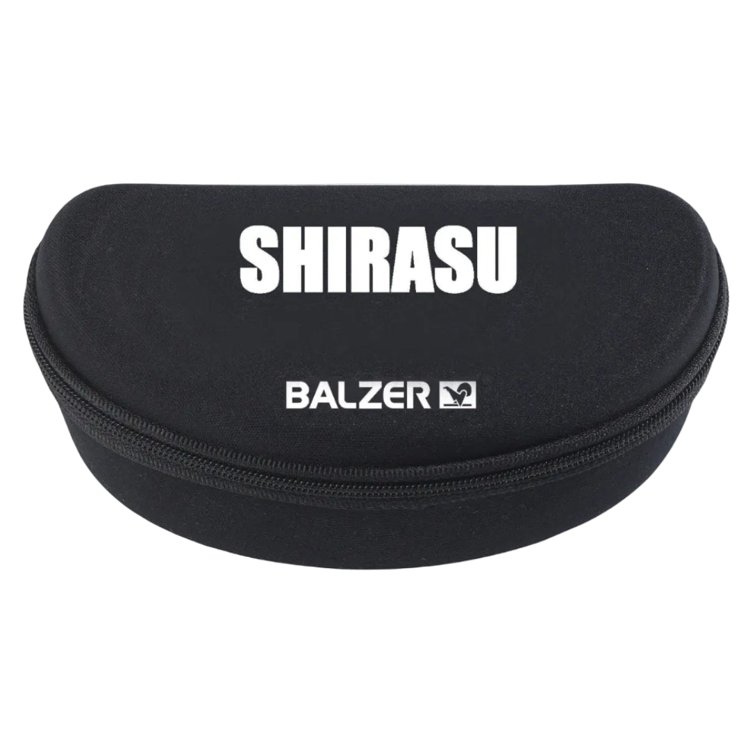 A black zippered hard case with white printed text reading 'SHIRASU' and 'BALZER' on a plain white background.
