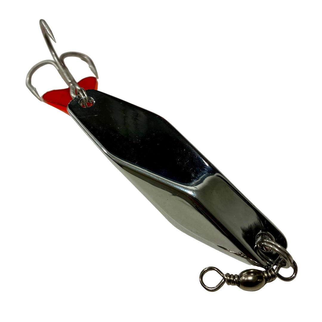 Metallic fishing lure with red accent on a white background