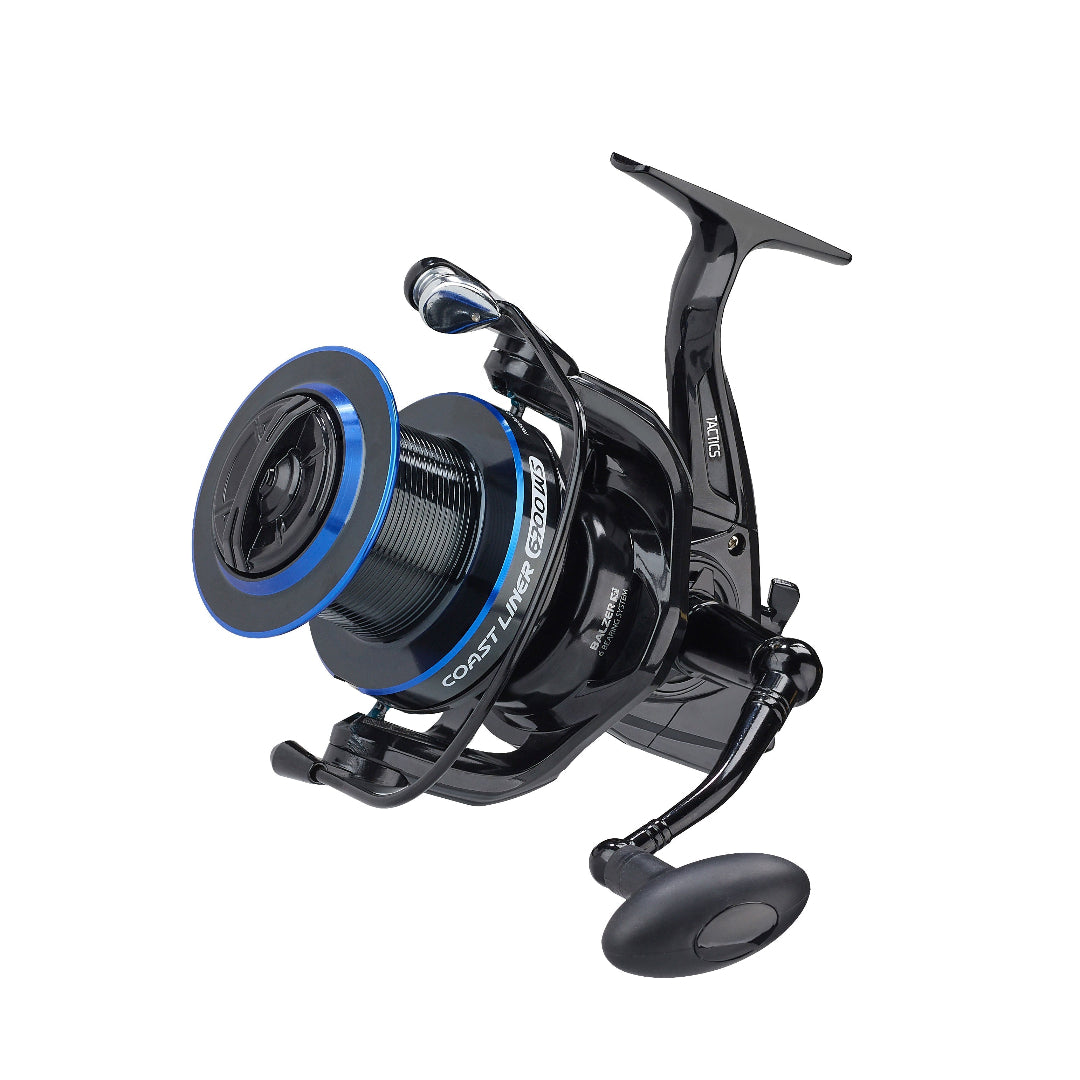 A black spinning fishing reel with blue accents, including a blue ring around the spool and blue text reading 'COASTAL FISHING' on the side. The reel is shown at a three-quarter angle on a solid white background.