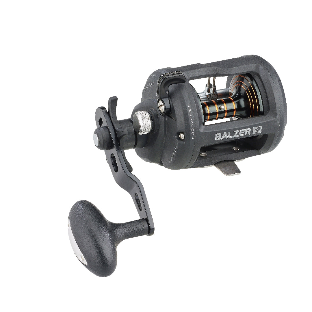 Fishing reel with 'Balzer' branding on a white background