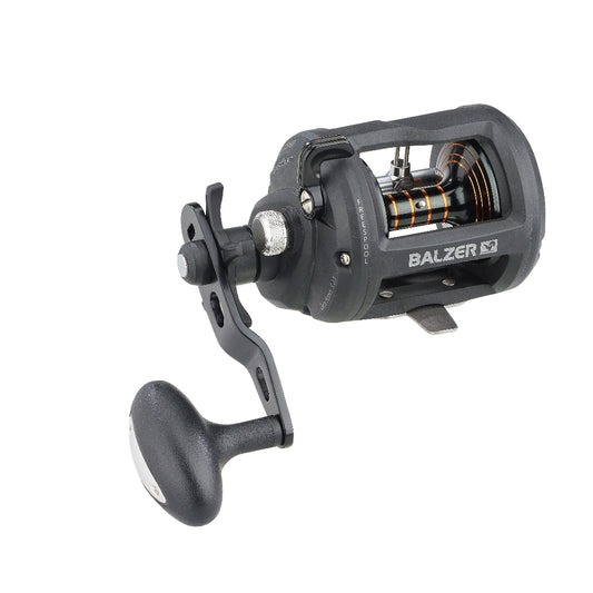 Fishing reel with 'Balzer' branding on a white background
