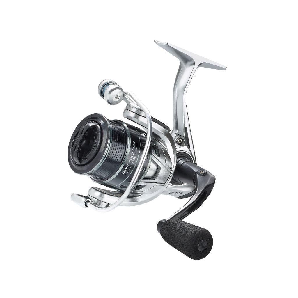 A spinning fishing reel with a metallic silver body, black spool, and black handle grip, shown against a solid white background.