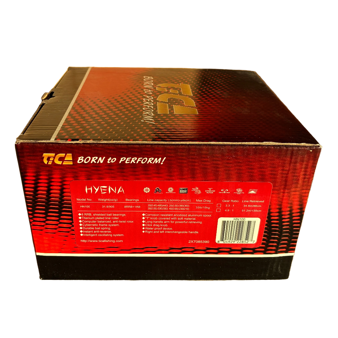 surf reel Tica Hyena HN100 retail box from side