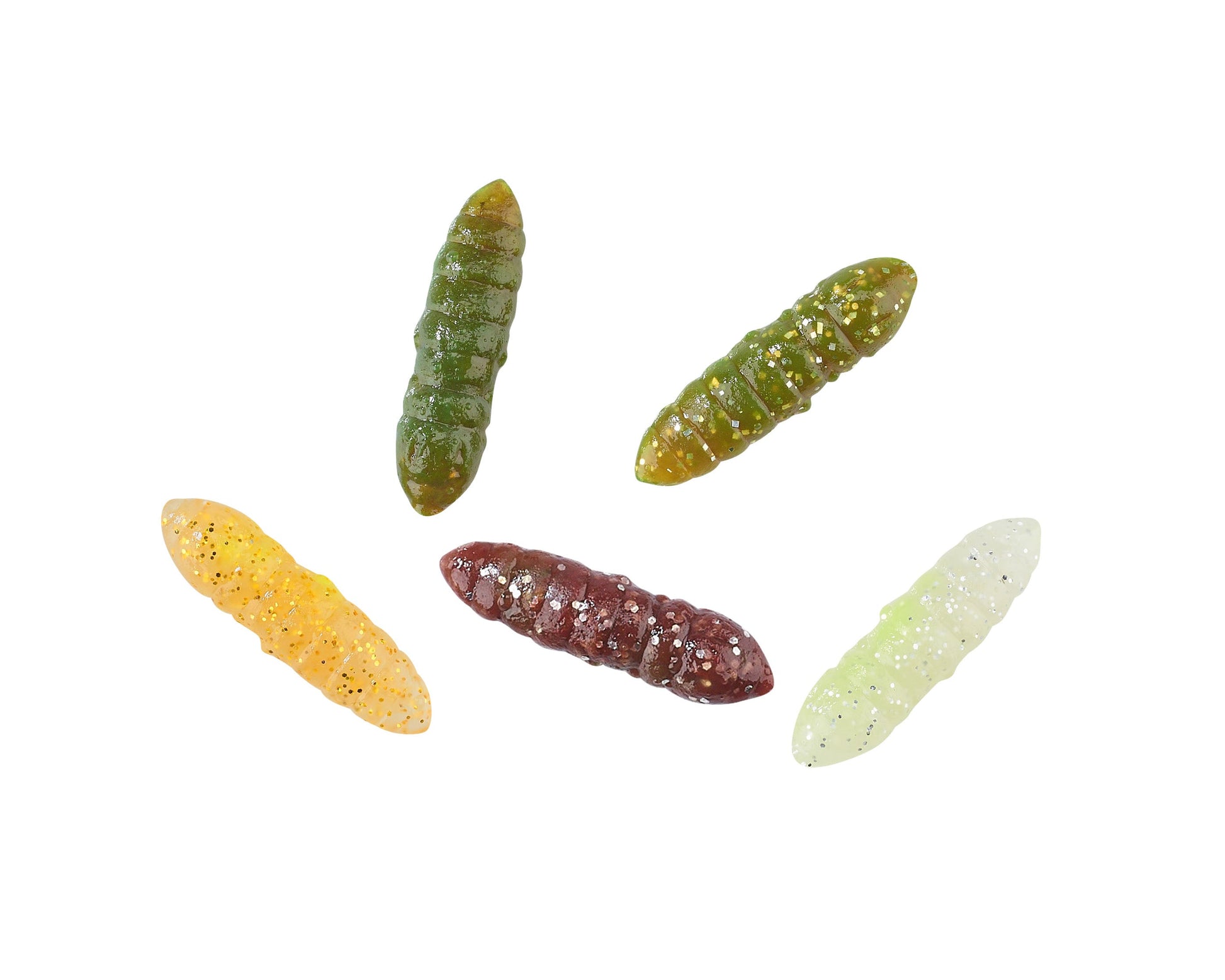 Five colorful caterpillar-shaped candies on a white background