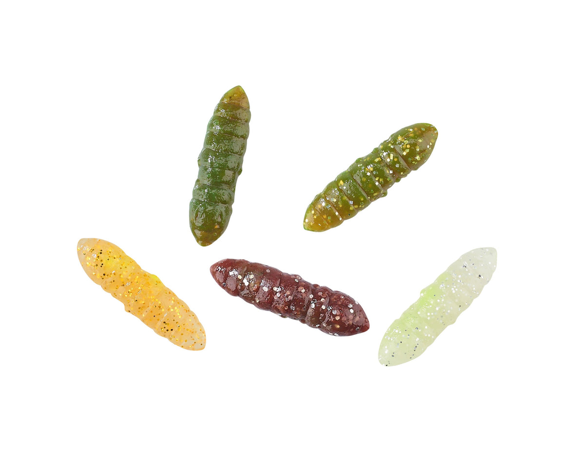 Five colorful caterpillar-shaped candies on a white background