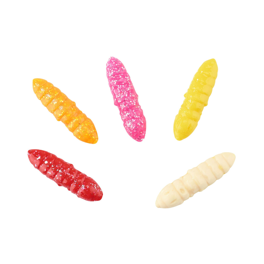 Five colorful candy worms on a white background