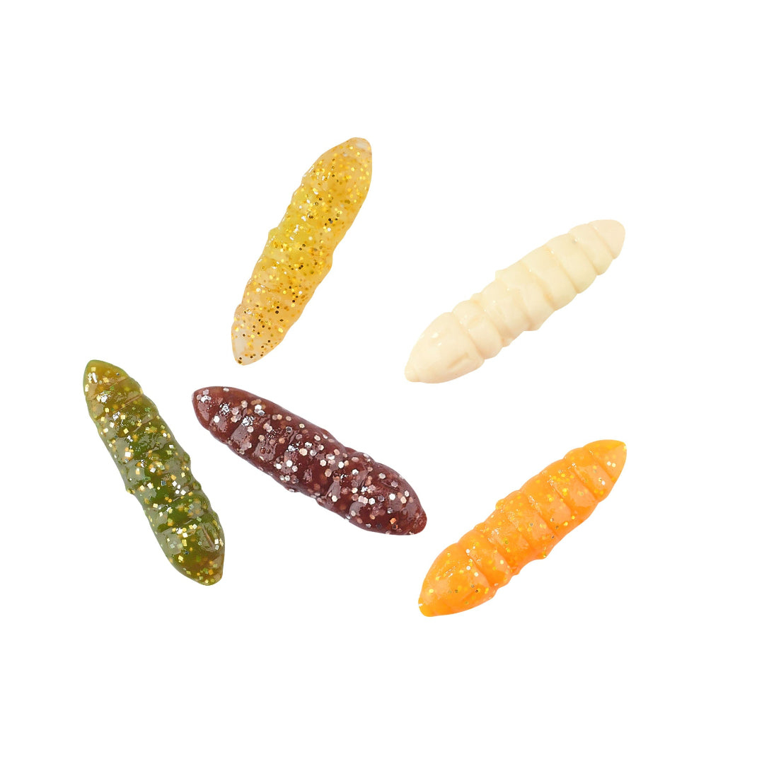 Colorful gummy worms on a white background