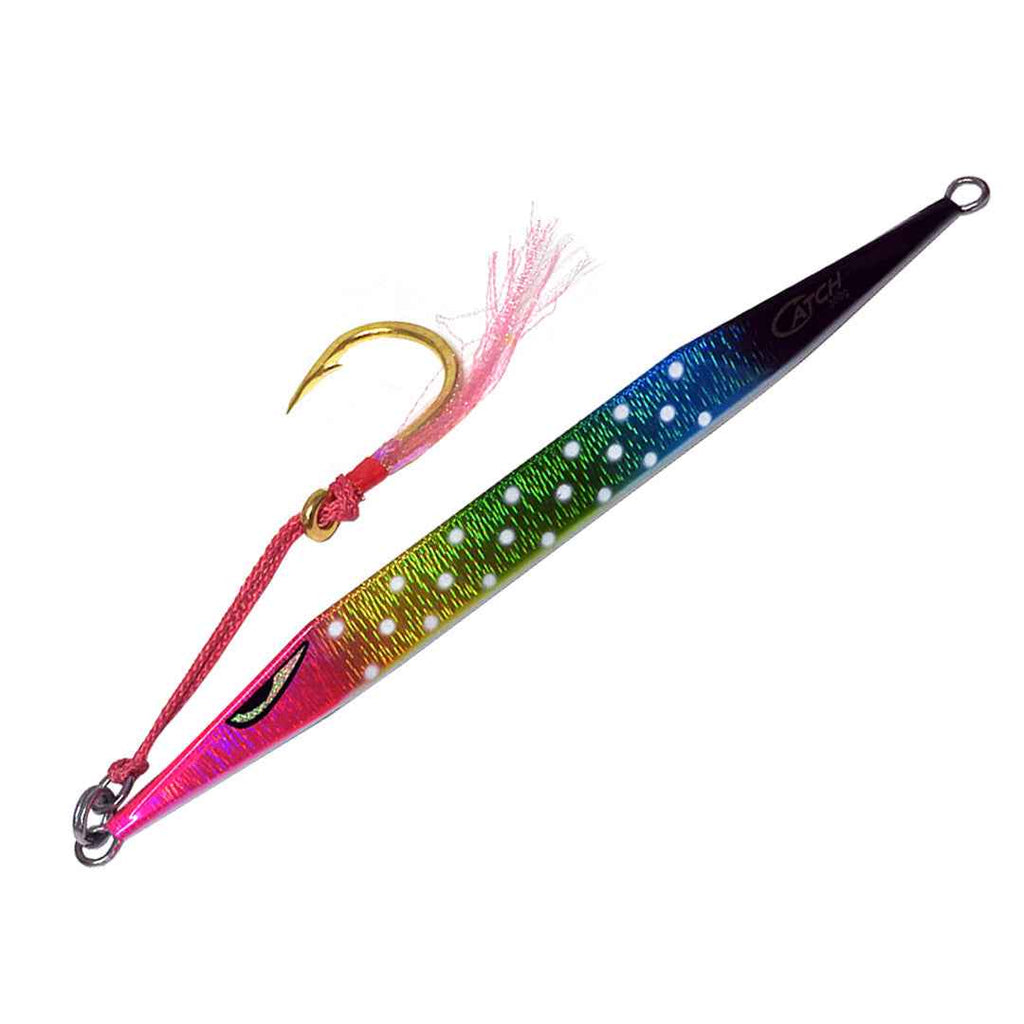 Catch Double Trouble Rainbow Warrior jig with holographic UV finish and glow for deep water jigging