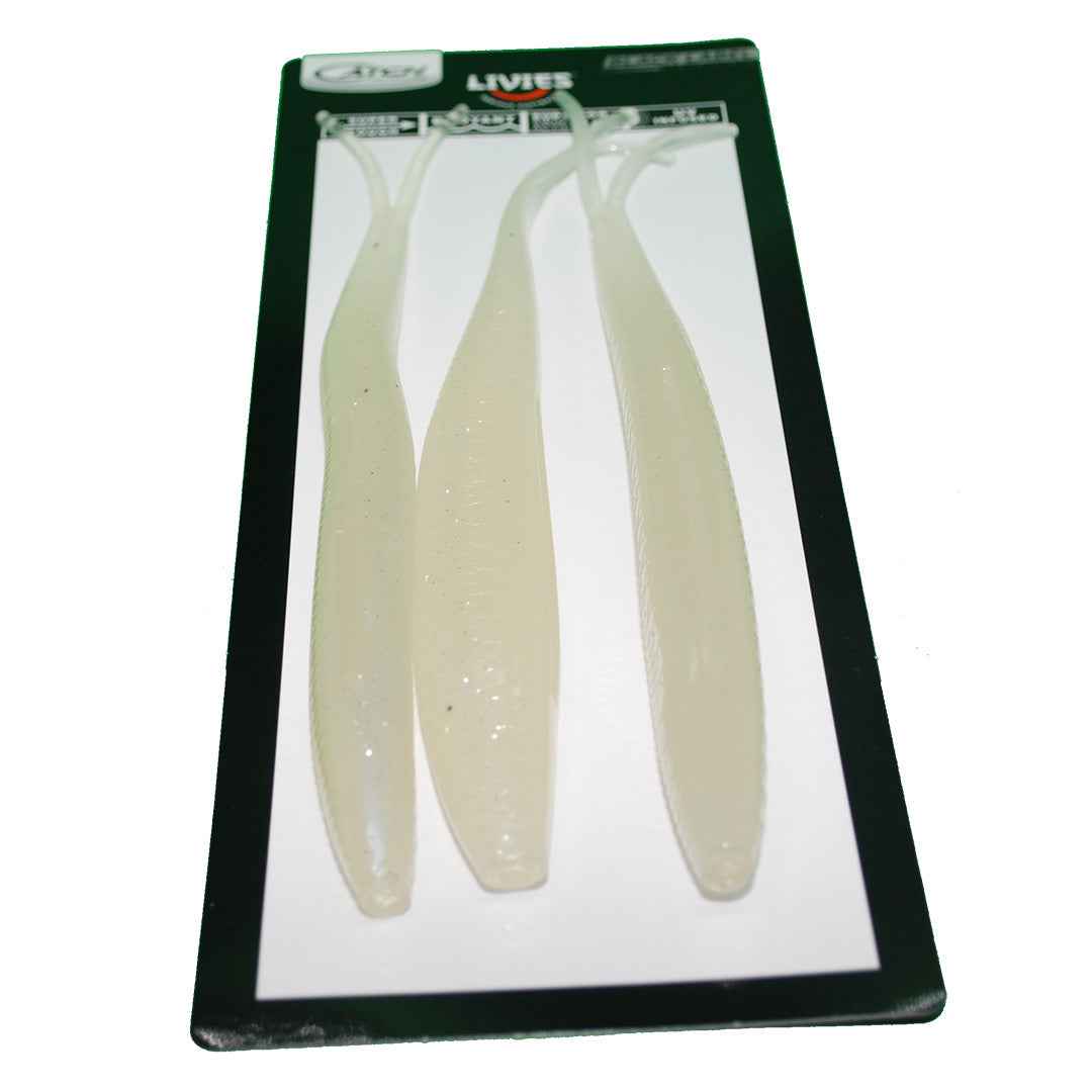Catch Black Label Livies 10 inch White Warrior UV Glow softbait NZ Pack of 3