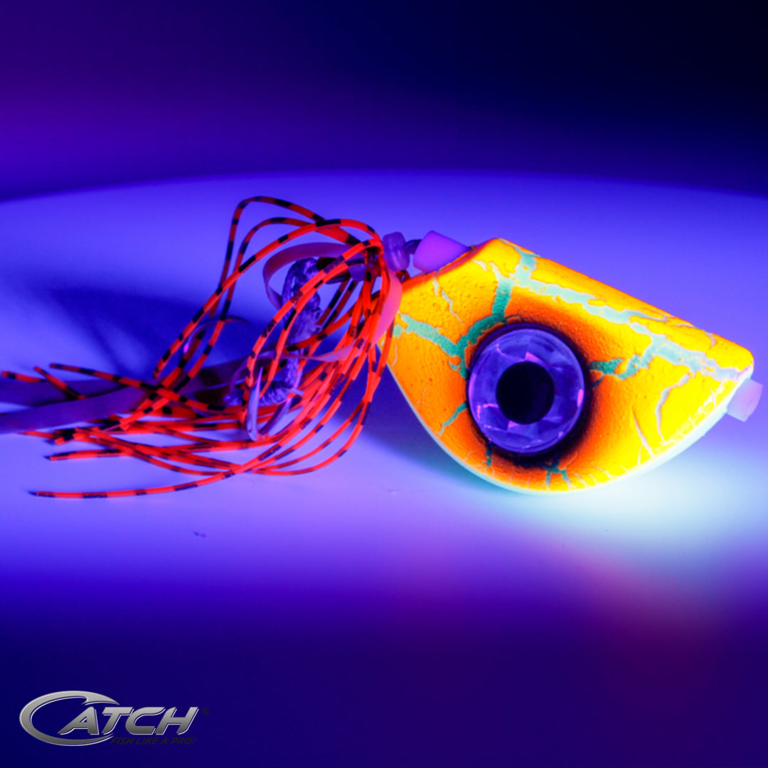 Catch Beady Eye Kabura Jig in Orange Crackle with Glow and UV (60-150g) - LURE ME - Online Fishing Tackle.